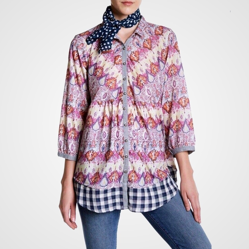Aratta Silent Journey Blouse Womens Mixed Media Paisley Gingham Purple M